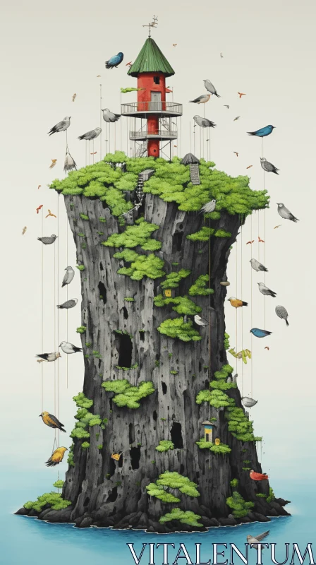 Floating Island with Bird Houses - Conceptual Art Illustration AI Image