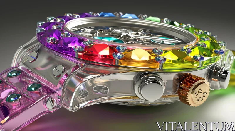 Luxurious Transparent Wristwatch with Rainbow Gemstones AI Image