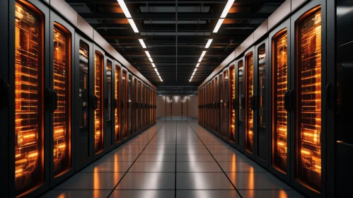Modern Data Center Server Racks and Orange Lights