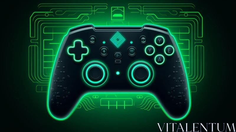 Neon-Lit Black Wireless Video Game Controller on Circuit Board Background AI Image