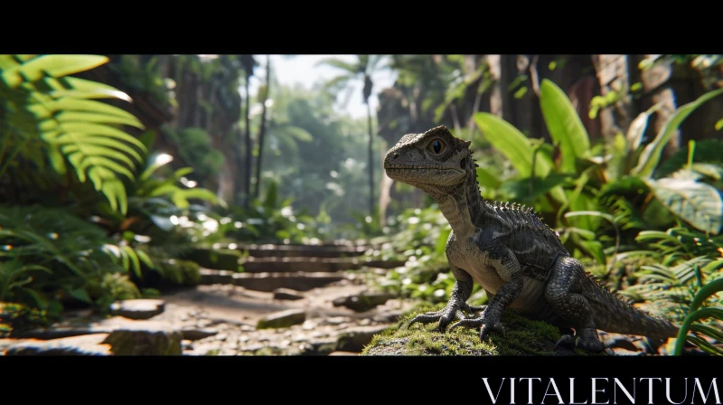 Photorealistic Rendering of a Small Dinosaur in a Lush Jungle AI Image