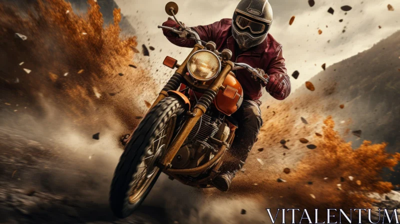 Vintage Scrambler Motorcycle Riding in Dusty Field AI Image