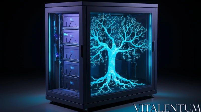 AI ART Blue Glowing Tree in Server Rack - Creative Technology Art