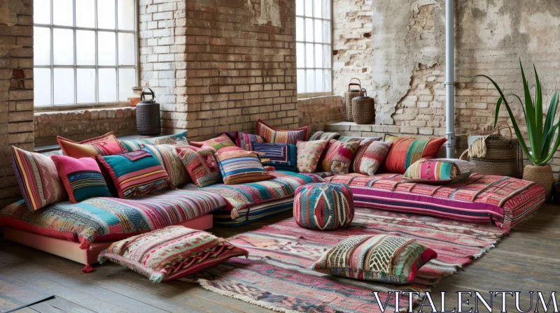 Colorful Living Room with Patterned Sofa and Assorted Textiles AI Image
