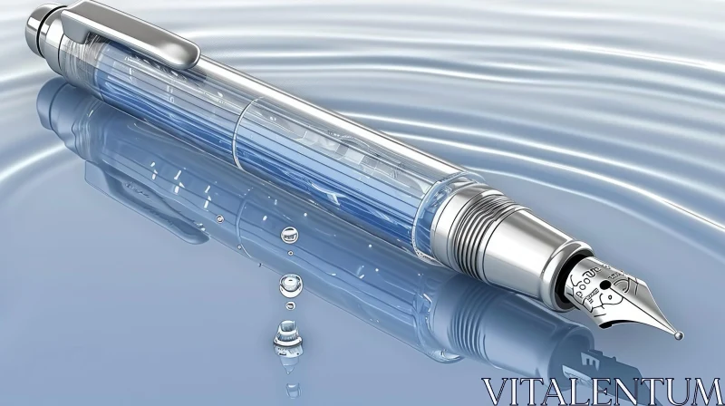 Exquisite 3D Illustration: Silver Fountain Pen on Reflecting Surface AI Image