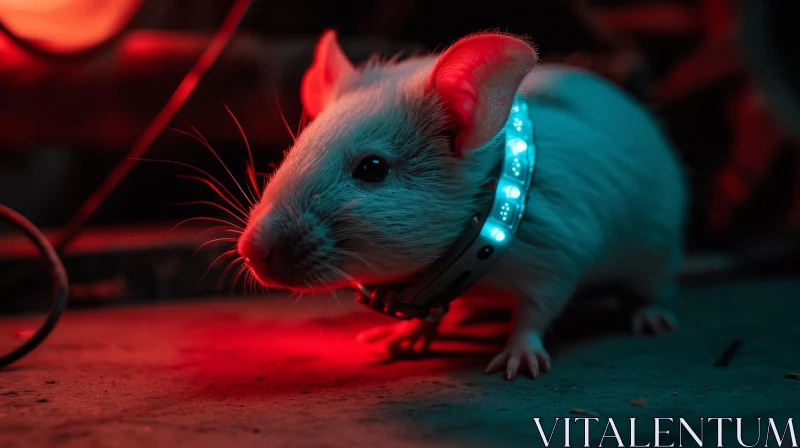 Graceful White Rat with Glowing Collar on Concrete Floor AI Image