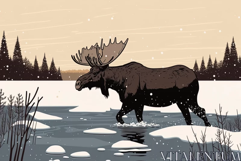 Majestic Moose in Winter Landscape - Darkly Detailed Illustration AI Image