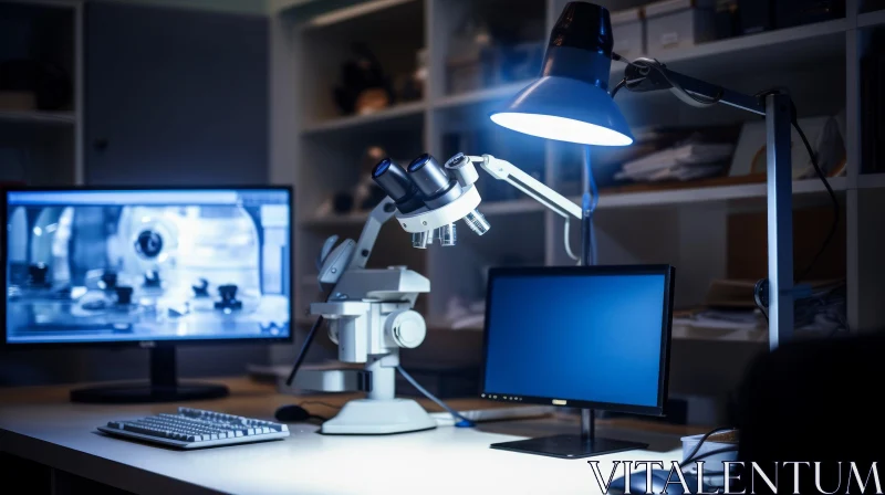 Modern Scientist Workplace - Microscope, Computer, Lamp AI Image