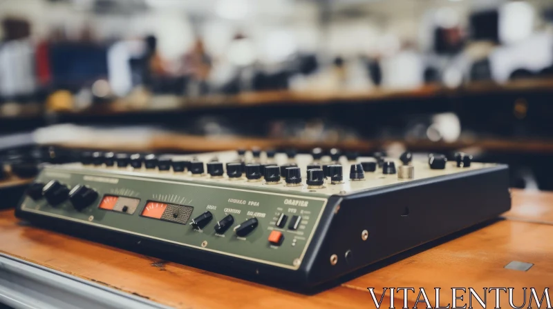 AI ART Vintage Synthesizer - Black and Green - Wooden Table Room