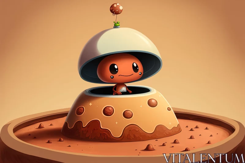 Whimsical Alien Illustration with Mushroom Cap Sitting on Egg AI Image