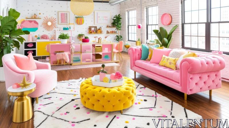 Bright and Colorful Living Room with Pink Velvet Sofa AI Image