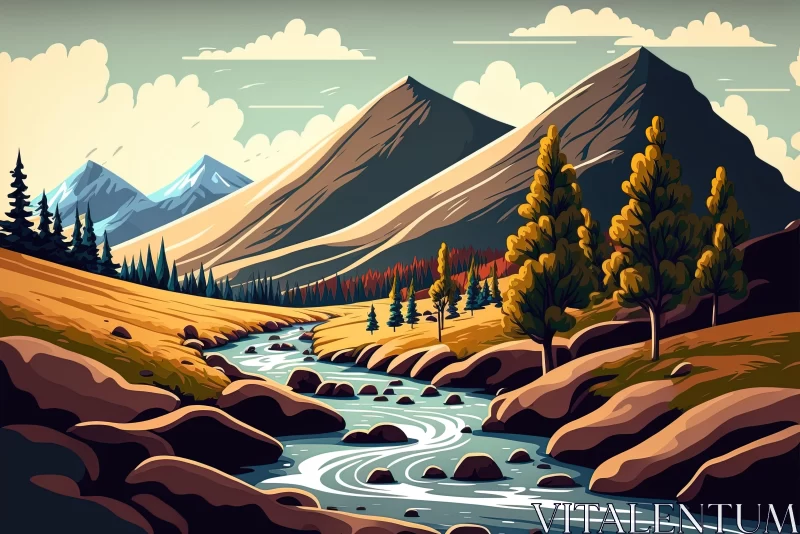 Captivating Mountain Landscape Illustration with Streams and Trees AI Image