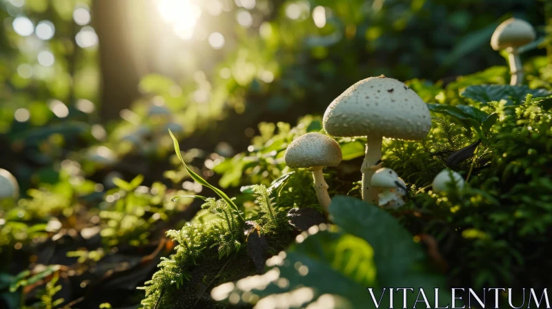 Close-up of White Mushrooms in a Forest AI Image