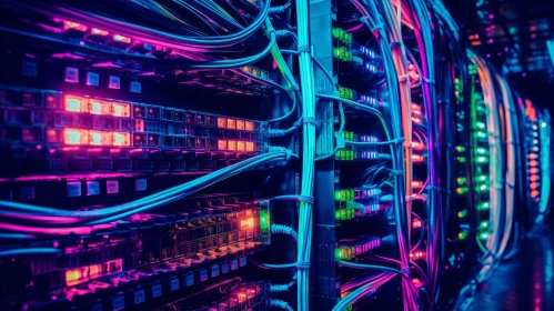 Dark Server Room with Colorful Cables