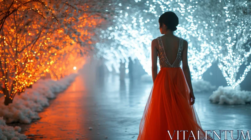Enchanting Woman in Red Dress Walking Down a Path AI Image