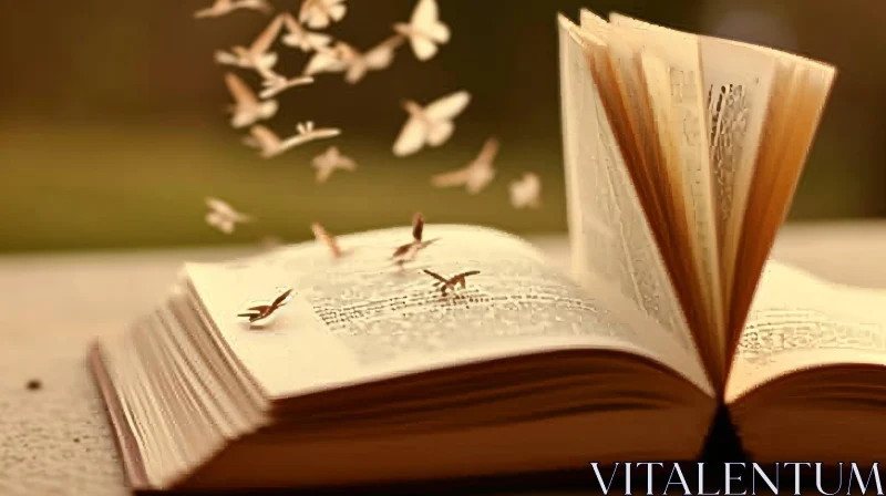 Open Book with Fluttering Pages on Wooden Table: A Symbol of Imagination and Learning AI Image