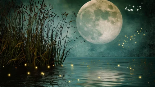 Serene Night Landscape with Full Moon, Lake, and Reeds