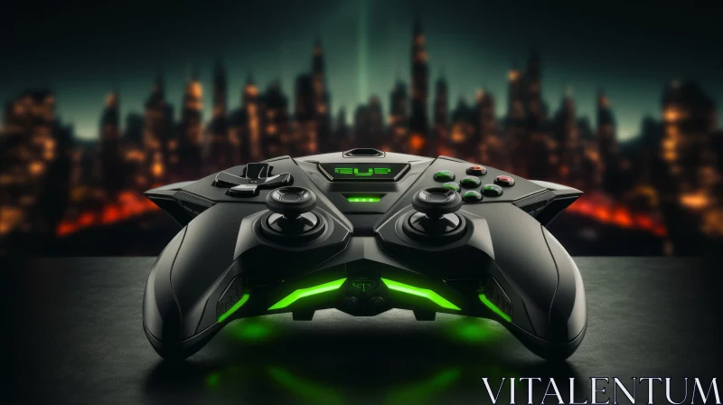 Sleek Black Video Game Controller with Green Lights on City Night Background AI Image