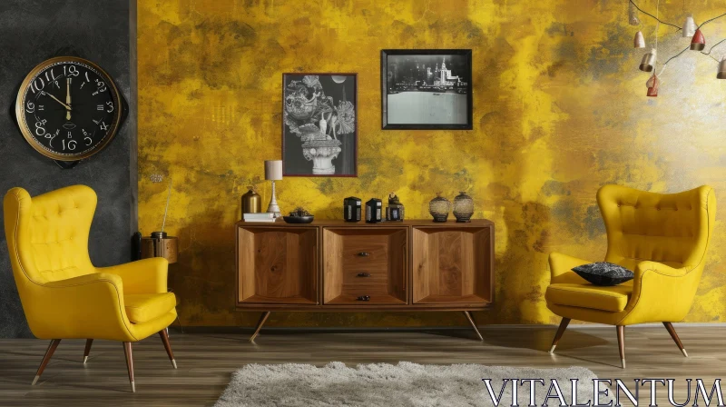 AI ART Cozy Mid-Century Modern Living Room with Yellow Armchairs