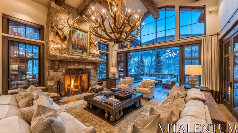 Luxurious Living Room with Stone Fireplace and Mountain View AI Image