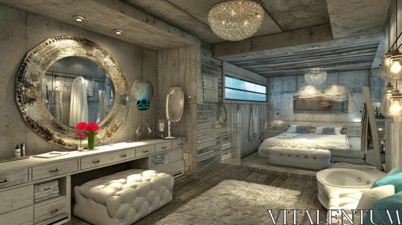 Modern Industrial Style Bedroom | Concrete Ceiling & Wooden Walls AI Image