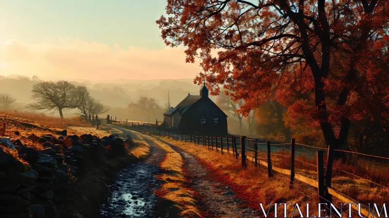 AI ART Serene Autumn Landscape: Rural Road with Vibrant Trees