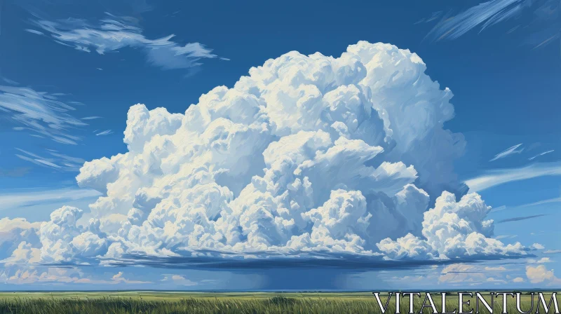 Serene Landscape Painting with White Cloud and Green Field AI Image