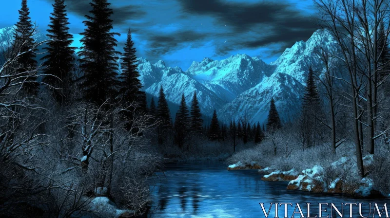 Serene Winter Landscape with Snow-Capped Mountains and River AI Image