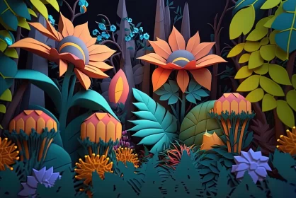 Vibrant Paper Cut Flowers in the Dark Forest - Surrealistic Cartoon Style