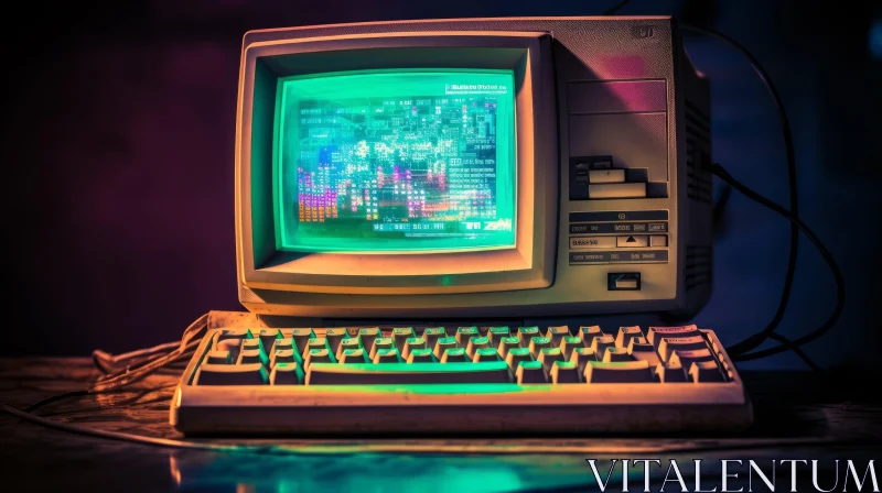 Vintage 1980s Computer with Green Screen Display AI Image