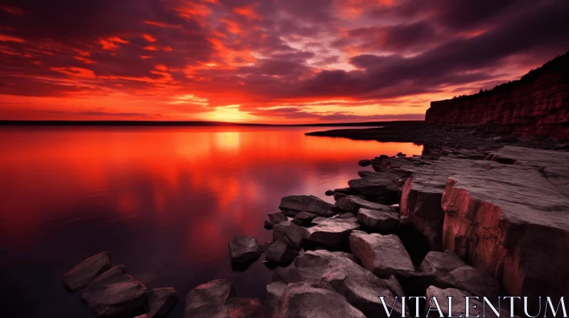 Captivating Red Sunset Reflection on Water with Rocks - Nature Photography AI Image