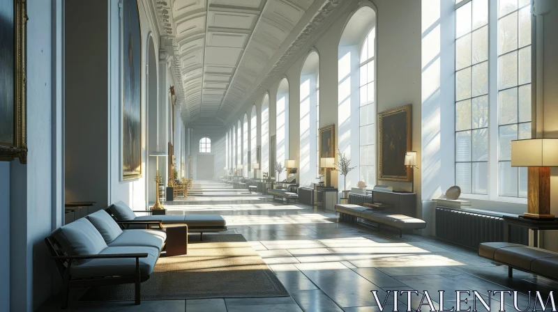 Elegant Long Hallway with Paintings and Marble Floor AI Image