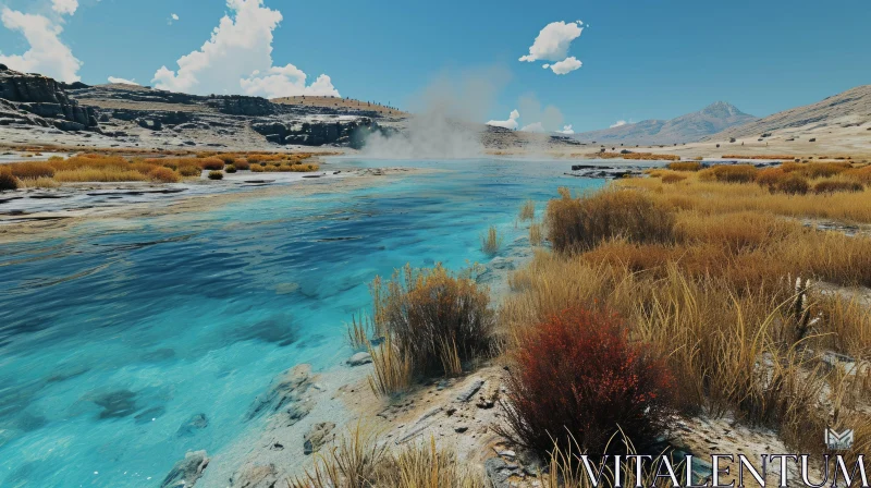 Geothermal Hot Spring in Volcanic Landscape - Serene Beauty Captured AI Image