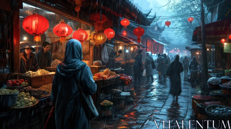 Rainy Street Scene in a Chinese City: Exploring the Vibrant Culture and Culinary Delights AI Image
