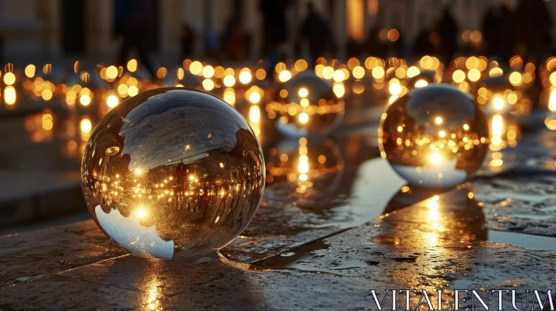 Reflective Glass Balls on Wet Pavement: A Captivating Nighttime Cityscape AI Image
