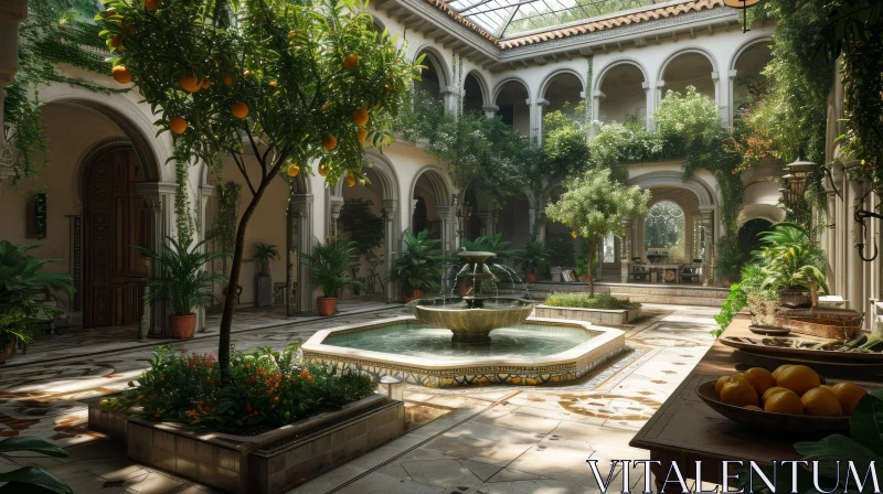 Tranquil Courtyard with Marble Fountain and Lush Greenery AI Image