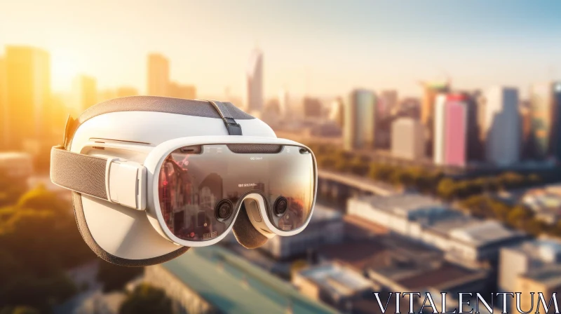 White Virtual Reality Headset with Cityscape Background AI Image