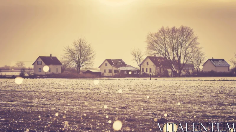 Winter Landscape: Serene Houses in Snow-Covered Field AI Image