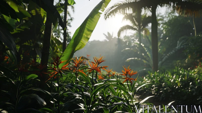 Captivating Tropical Rainforest Landscape: Lush Greenery and Serene Ambiance AI Image