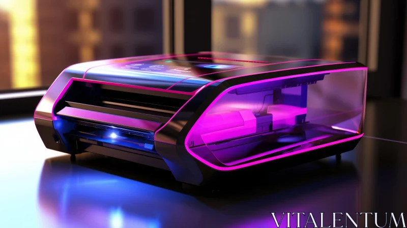 Futuristic Black Printer on Glass Table with Cityscape View AI Image