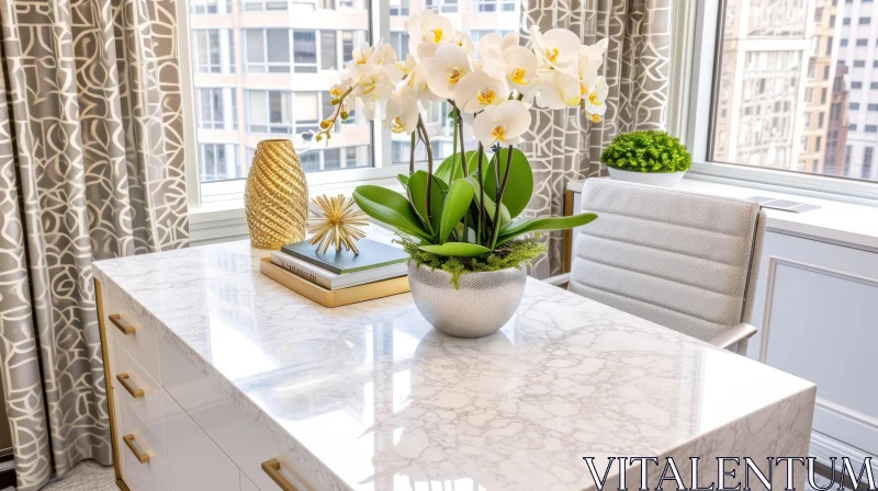 AI ART Modern Office Desk with White Orchid Flowers and Marble Top