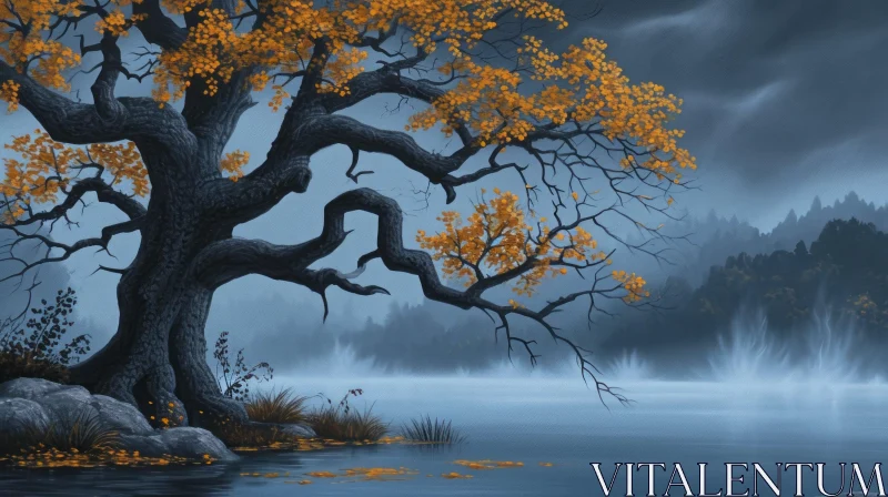 Captivating Landscape Painting with Majestic Tree and Golden Leaves AI Image