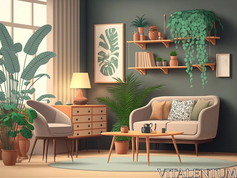 Cozy Living Room with Potted Plants | Detailed Nature Depictions AI Image