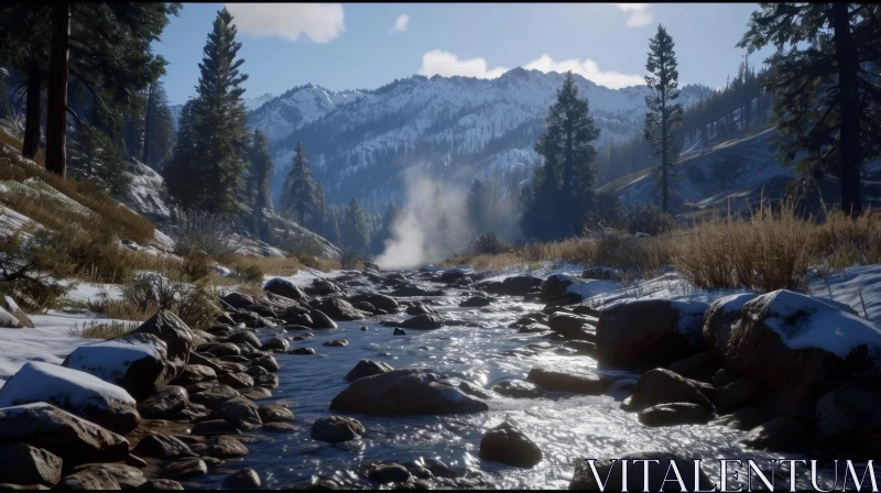 Serene Winter Landscape: Mountain Valley with River AI Image