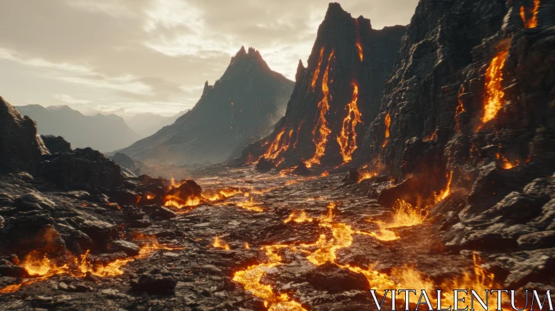 Awe-Inspiring Volcanic Landscape: Captivating Lava Flow and Majestic Volcanoes AI Image