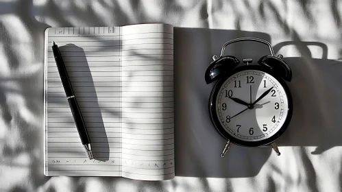 Captivating Composition: Open Notebook and Alarm Clock on White Surface