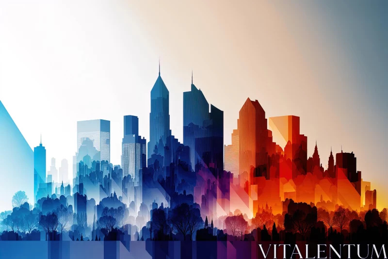 Colorful City Skyline Illustration in the Style of Layered Translucency AI Image