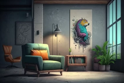 Contemporary Living Room with Chair and Parrot | Graffiti-Inspired Mixed Media