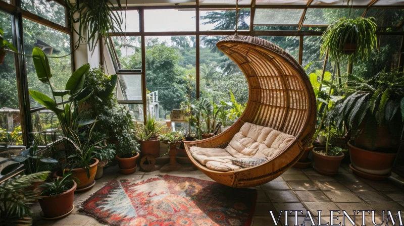 Cozy Sunroom with Wicker Hanging Chair and Potted Plants AI Image