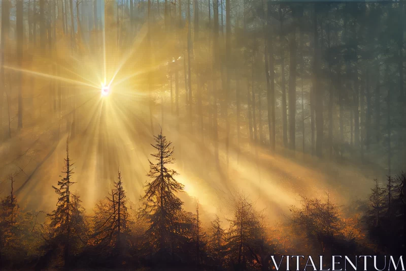 AI ART Golden Sun Shining Through Misty Forest - Captivating Nature Landscape